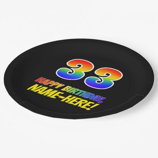 33誕生日:はっきりした,おもしろい,シンプル虹, 33 ペーパープレート (アングル)