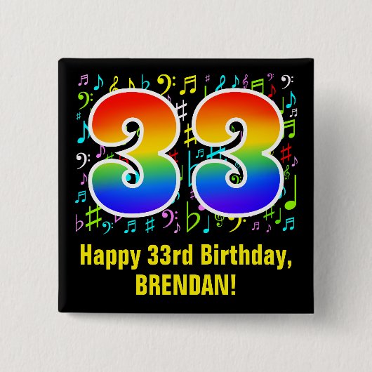 33誕生日:カラフル音楽シンボル、レインボー33 缶バッジ (正面)