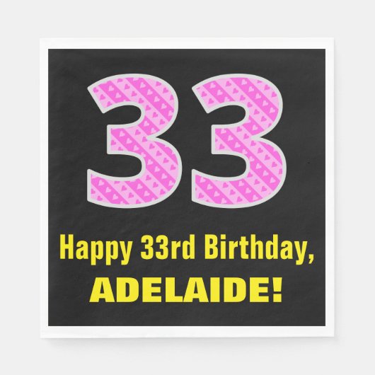 33誕生日:ピンクストライプのハートと33" +名前 スタンダードランチョンナプキン (正面)