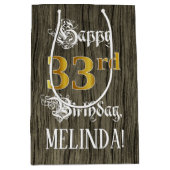 33誕生日:フェイク金ゴールドルック&ウッドフェイクパターン ミディアムペーパーバッグ (正面)