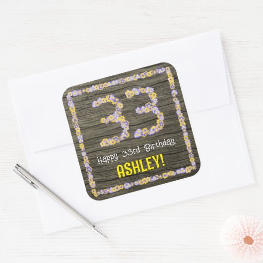 33誕生日:フローラ番号、フェイク木目、名前 スクエアシール (封筒)