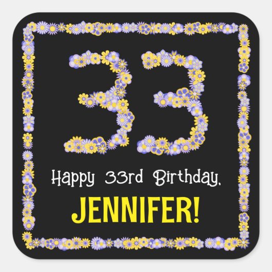33誕生日:フローラ花数名前をカスタムする スクエアシール (正面)