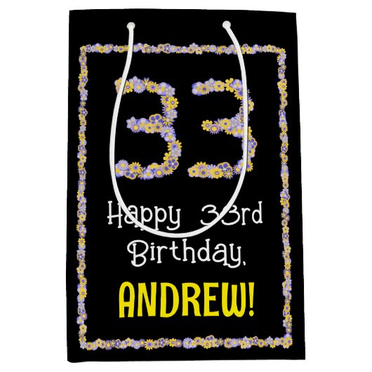 33誕生日:フローラ花数名前をカスタムする ミディアムペーパーバッグ (正面)