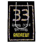 33誕生日:フローラ花数名前をカスタムする ミディアムペーパーバッグ (裏面)