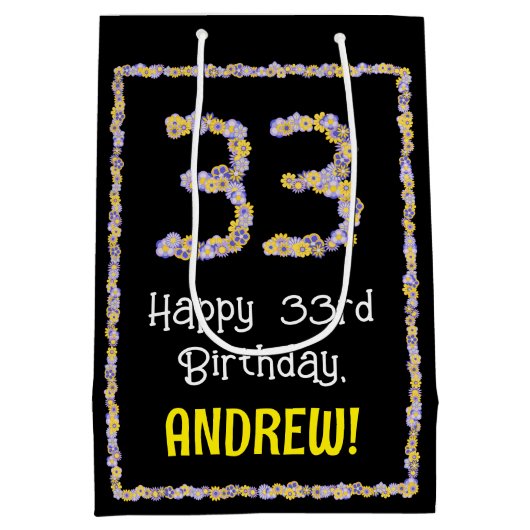 33誕生日:フローラ花数名前をカスタムする ミディアムペーパーバッグ (裏面)