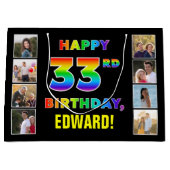 33誕生日：レインボー文字カスタム、写真&名前 ラージペーパーバッグ (正面)