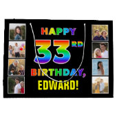 33誕生日：レインボー文字カスタム、写真&名前 ラージペーパーバッグ (裏面)