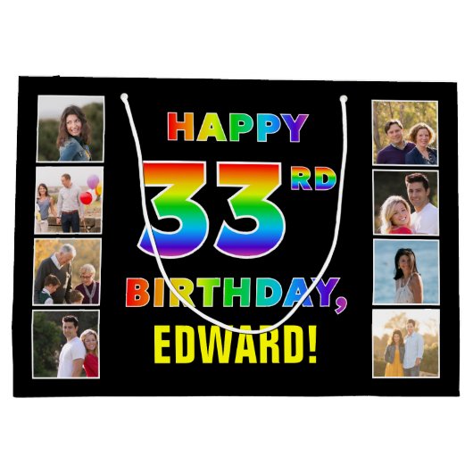 33誕生日：レインボー文字カスタム、写真&名前 ラージペーパーバッグ (裏面)