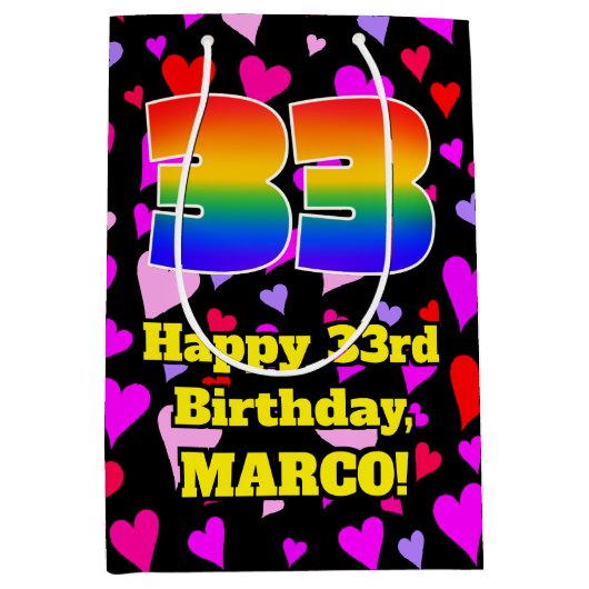 33誕生日：愛するハートパターン、虹# 33 ミディアムペーパーバッグ (正面)