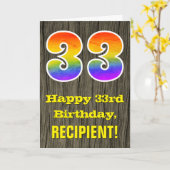 33誕生日:素朴ウッドルックフェイク、レインボー"33" カード (黄色い花)