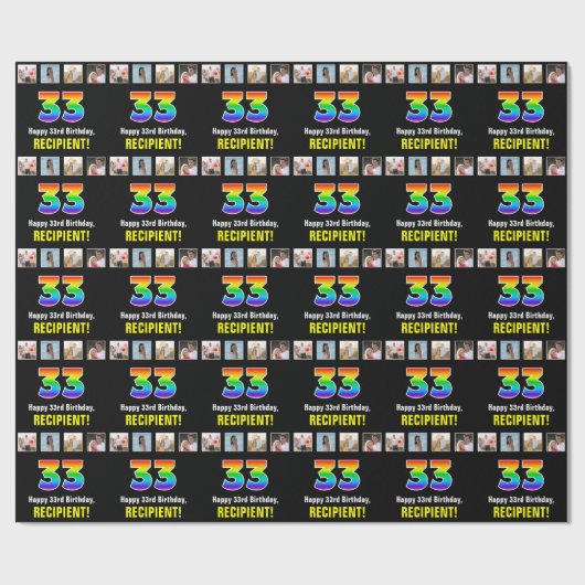 33誕生日: Rainbow "33";写真カスタムと名前 ラッピングペーパー (フラット)