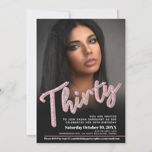 330th誕生日フォトスクリプトグリッターピンク 招待状 (正面)