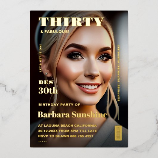 330th Birthday Magazine誌のエレガント金ゴールド 箔招待状 (正面)