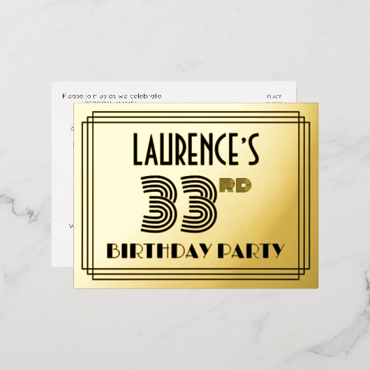 33rd誕生日パーティー~アールデコスタイル"33" +名前 箔招待状ポストカード (正面/裏面)