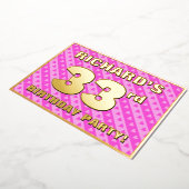 33rd Birthday Party —おもしろいピンクハートとストライプ 箔招待状 (回転した状態)