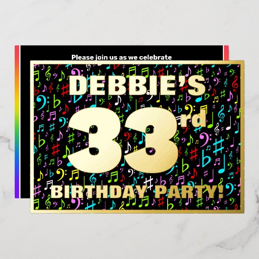 33rd Birthday Party —おもしろい、音楽シカラフルンボル 箔招待状 (正面/裏面)