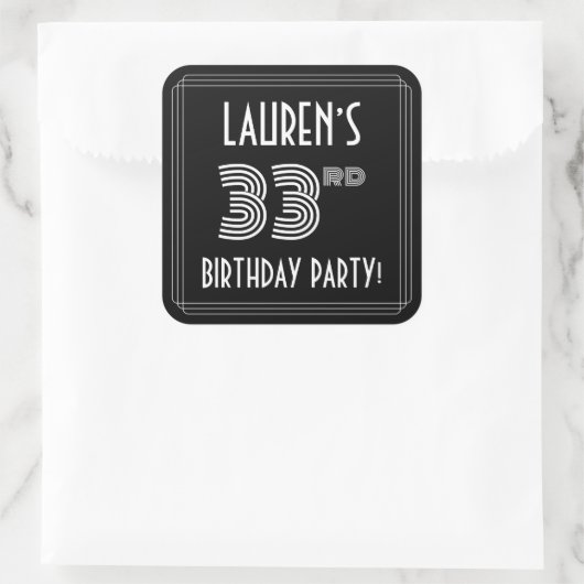 33rd Birthday Party:アールデコスタイルと名前をカスタムする スクエアシール (バッグ)