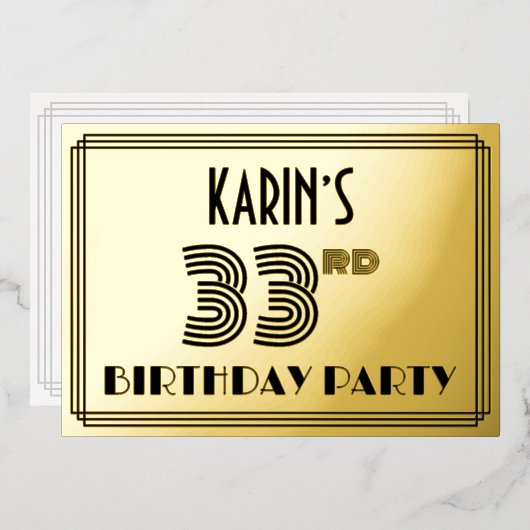 33rd Birthday Party —アールデコスタイル「33」 & Name 箔招待状 (正面/裏面)
