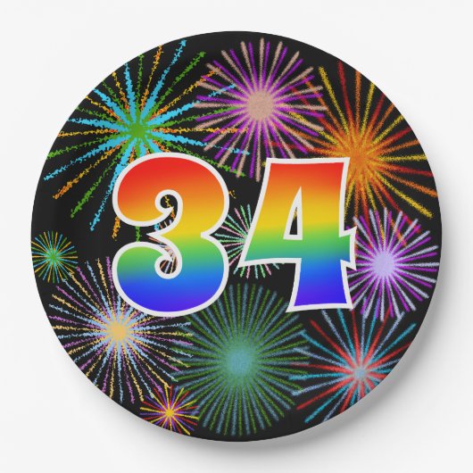 34イベント-おもしろいカラフル、はっきりした、虹34 ペーパープレート (正面)
