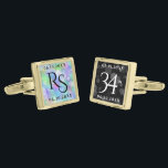 34エレガント周年記念結婚お祝い ゴールド カフスボタン<br><div class="desc">祝34周年記念結婚カフリンクとスタイル!虹色エレガントのオパールと黒の背景に六角形の紙吹雪を持つ白黒のレタリングは、この特別な機会と特別なマイルストーンのために思い出に残るtouchを追加する。カップルのイニシャルと結婚日でパーソナライズ。デザイン© W.H.シム。詳細については、zazzle.com/expressionsoccasionsを参照</div>