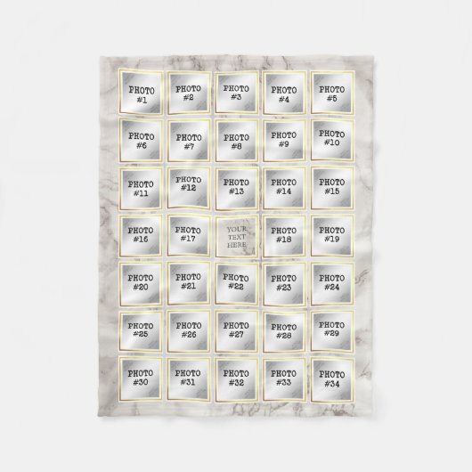 34フォトコラージュ、白および大理石の金ゴールドフレーム フリースブランケット (正面)