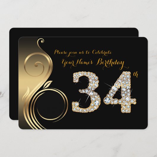 34日，誕生日招待状，数値ダイヤモンド，写真 招待状 (正面/裏面)