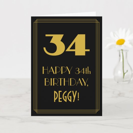 34歳の誕生日おめでとう - アールデコ調のデザイン「34」と名前 カード (小さな植物)