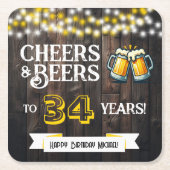 34歳の誕生日おめでとう レトロな乾杯とビール スクエアペーパーコースター (正面)