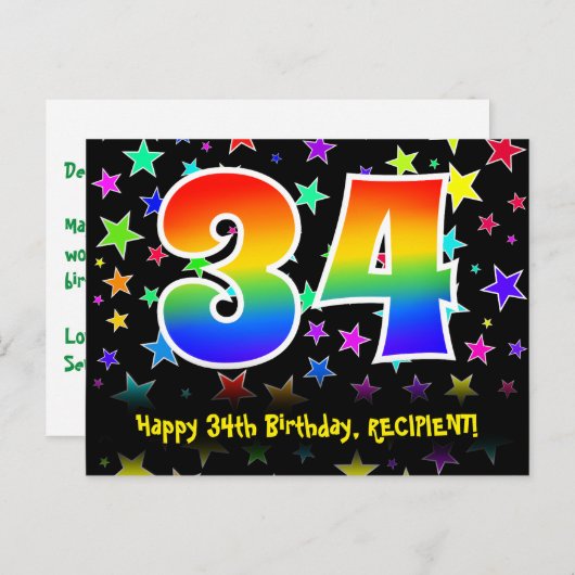 34歳の誕生日おめでとう:楽しいスターパターン、虹34、名前 ポストカード (正面/裏面)