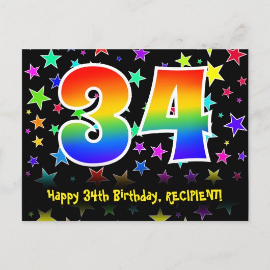 34歳の誕生日おめでとう！楽しいスター柄、虹34、名前 ポストカード (正面)
