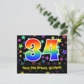 34歳の誕生日おめでとう！楽しいスター柄、虹34、名前 ポストカード (スタンド正面)