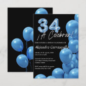34歳の誕生日を祝う スペイン語の青い風船 黒い背景のバースデーグッズ 招待状 (正面/裏面)