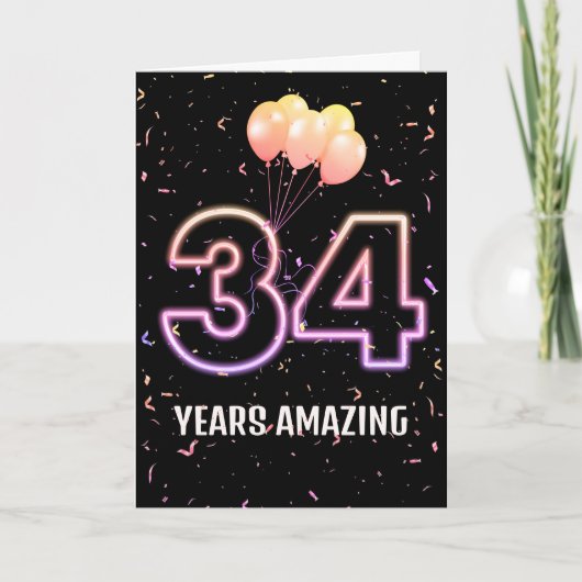 34歳の誕生日バルーンとコンフェティ カード (正面)