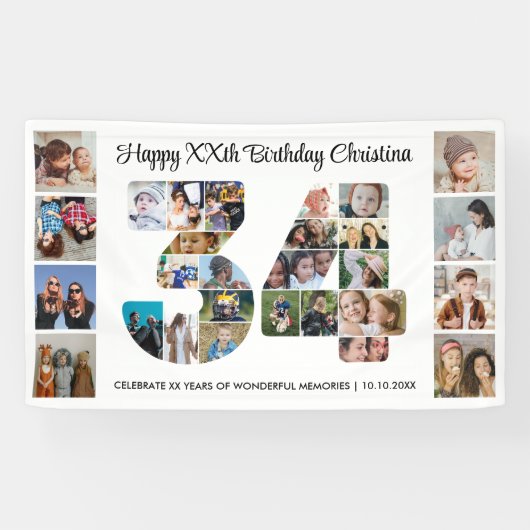 34歳の誕生日パーティーナンバー34フォトコラージュ 横断幕 (横)