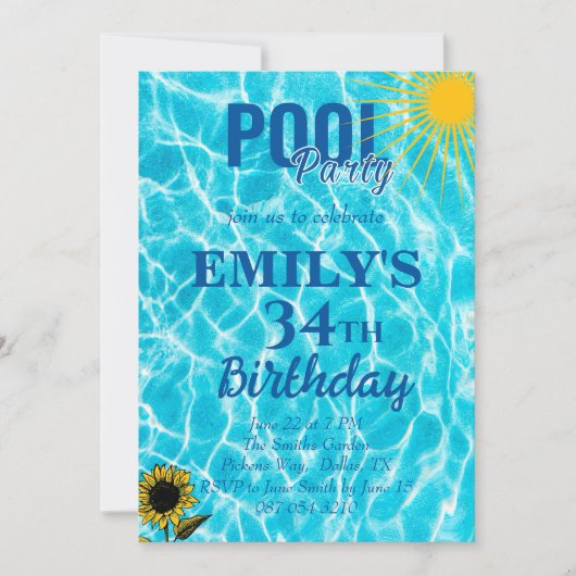 34歳の誕生日プールパーティの招待状 招待状 (正面)