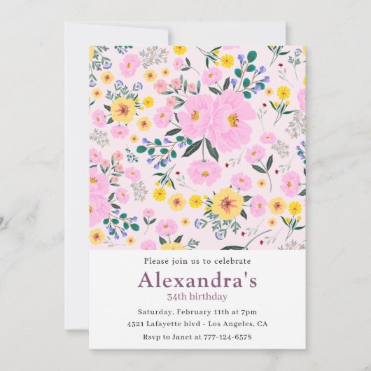 34歳の誕生日招待状ボホフローラピンク 招待状 (正面)