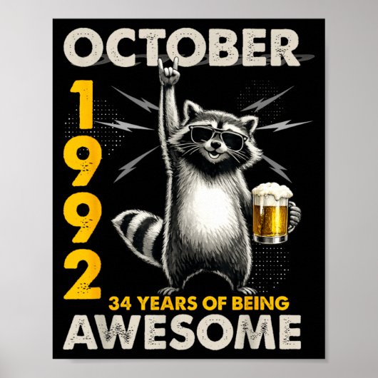 34歳の誕生日 アライグマ ビール 1992年10月 ヴィンテージ 34 ポスター (正面)