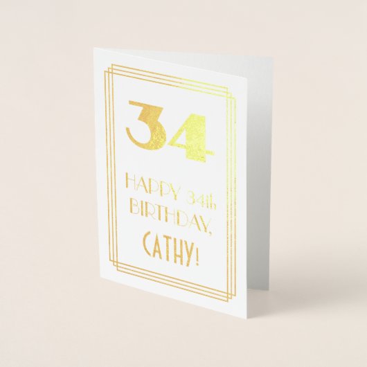 34歳の誕生日:アートデコ調の「34」&名前 箔カード (正面)