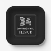 34歳の誕生日 — アールデコ風デザイン 「34」 + 名前 ペーパープレート (正面)