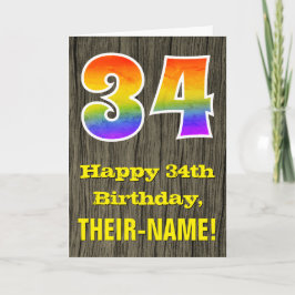 34歳の誕生日：素朴な偽の木の表情、虹の"34" カード