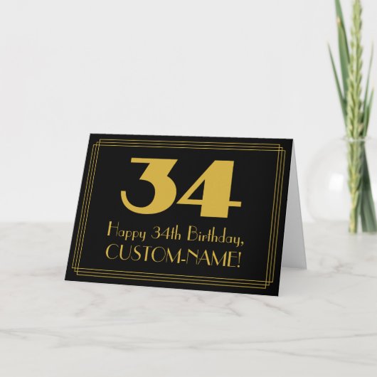 34番目の誕生日:インスパイアアールデコ「34」の検索と名前 カード (正面)