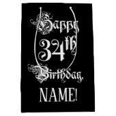 34番目の誕生日: ファンシー、スクリプエレガントト+名前をカスタムする ミディアムペーパーバッグ (正面)