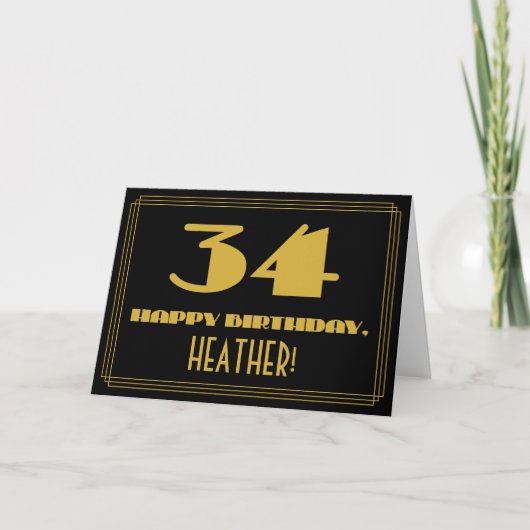 34番目の誕生日:名前+アールデコインスパイア「34」を見る カード (正面)