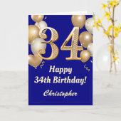 34誕生日ネイビーブルーと金ゴールドバルーン紙吹雪 カード (黄色い花)