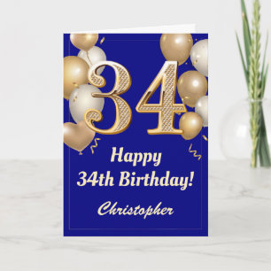 34誕生日ネイビーブルーと金ゴールドバルーン紙吹雪 カード