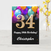 34誕生日黒と金ゴールドの吹きカラフル出し カード (黄色い花)