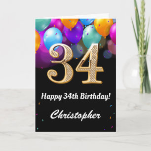 34誕生日黒と金ゴールドの吹きカラフル出し カード