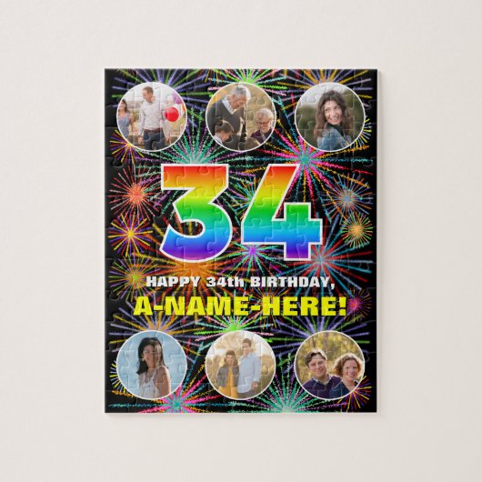 34誕生日:おもしろいレインボー#,名前をカスタムする+写真 ジグソーパズル (縦)