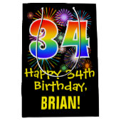 34誕生日:おもしろい花火パターン+虹34 ミディアムペーパーバッグ (正面)