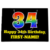 34誕生日~おもしろい, カラフル, 鮮やか, Rainbow 34 ラージペーパーバッグ (正面)